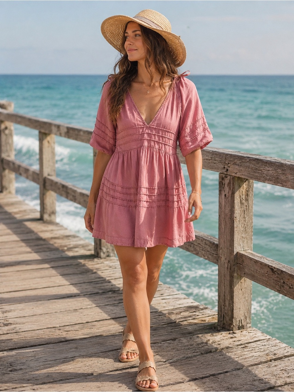 Preloved free People size, small pink denim, lightweight babydoll dress women